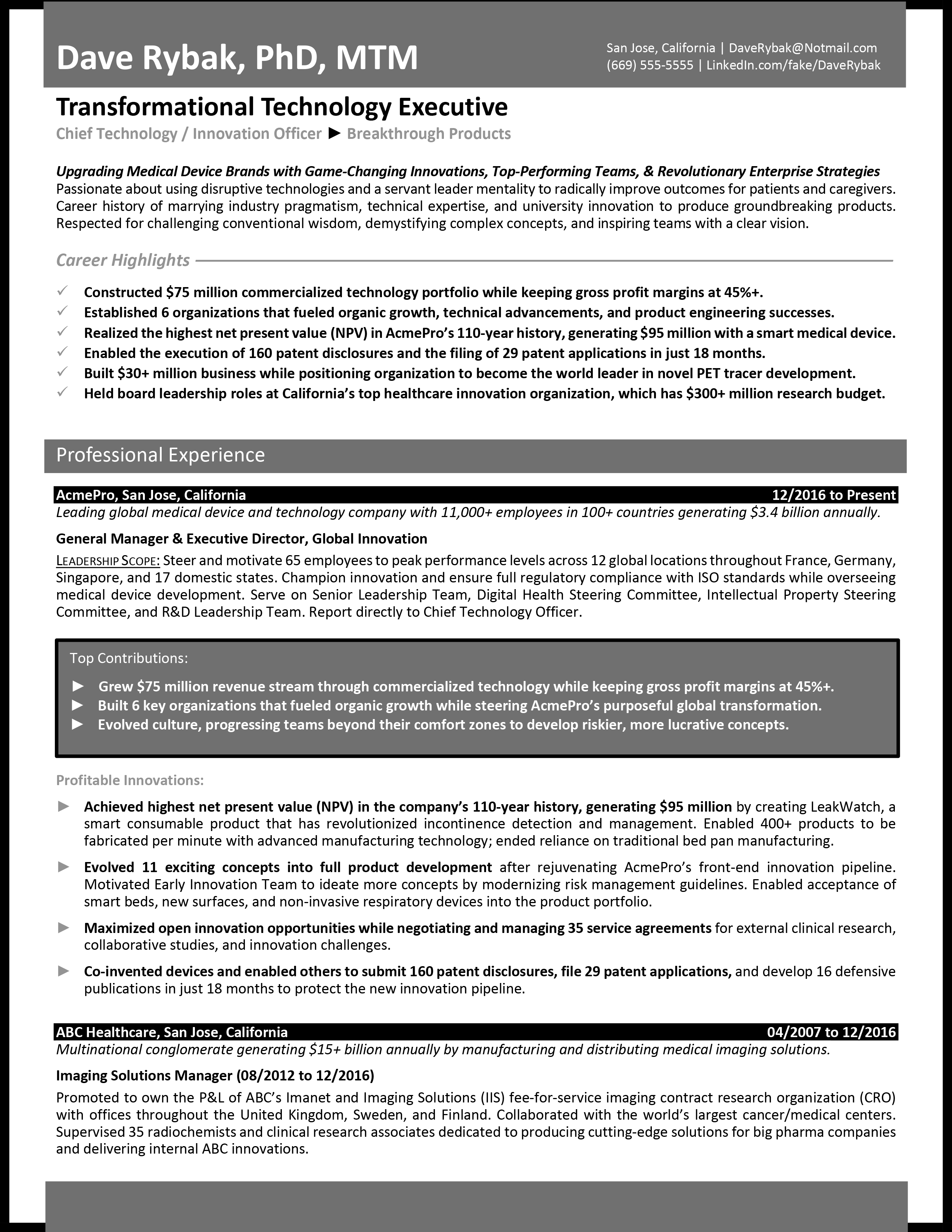 Chief Technology Innovation Officer Resume Sample