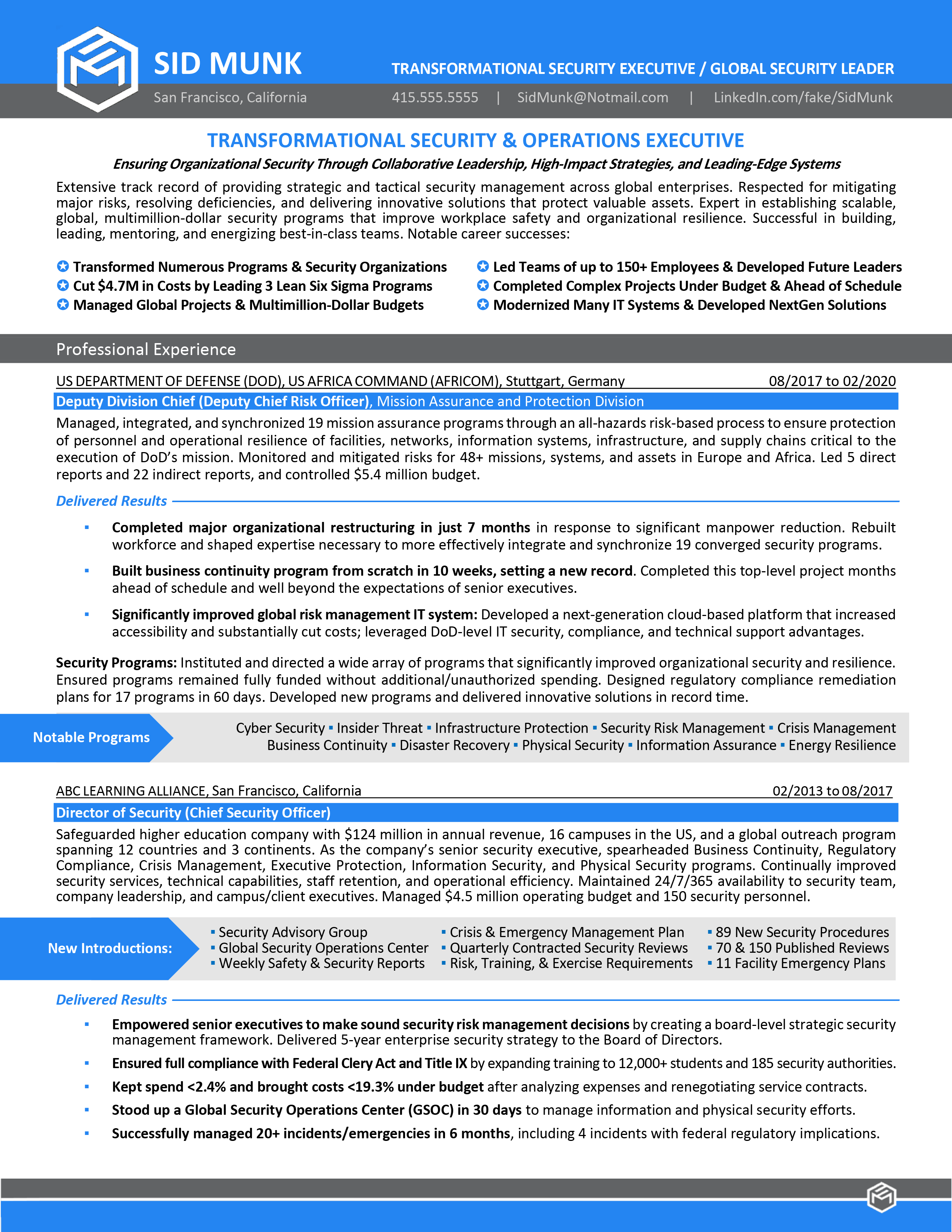 Global Security Executive Resume Sample